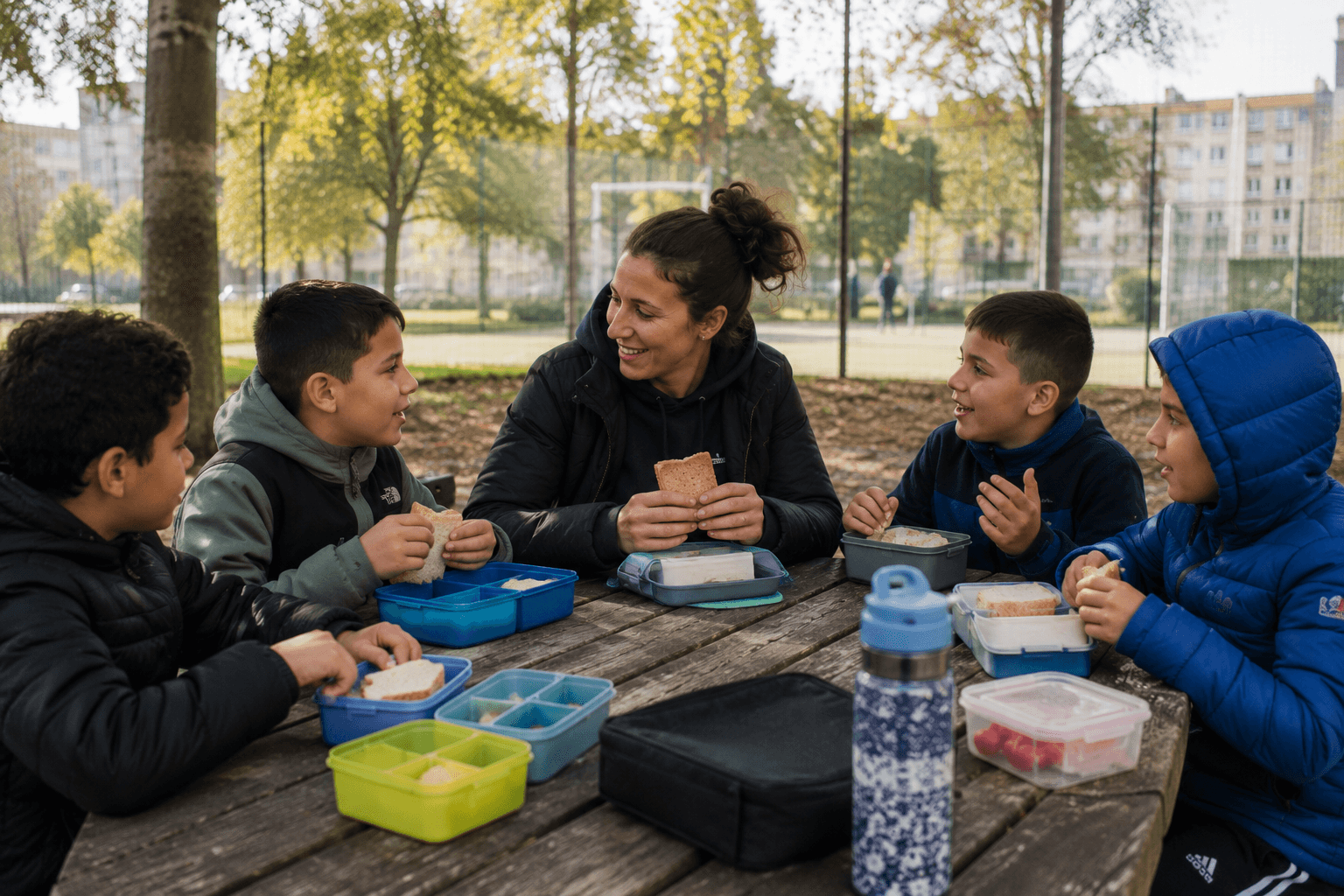 Begeleider en jongeren lunchen samen buiten